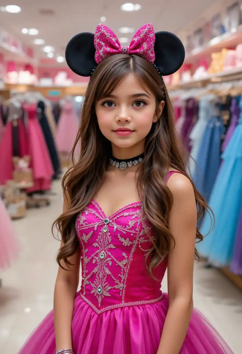 Young girl in pink Minnie gown at dress boutique