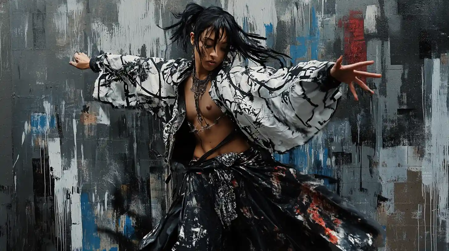 Streetwear mage in dynamic pose with urban geometric art