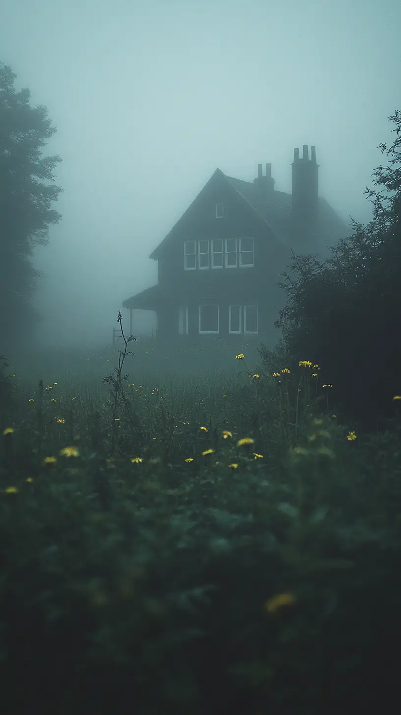 Foggy rural chapel in a quiet Scottish meadow