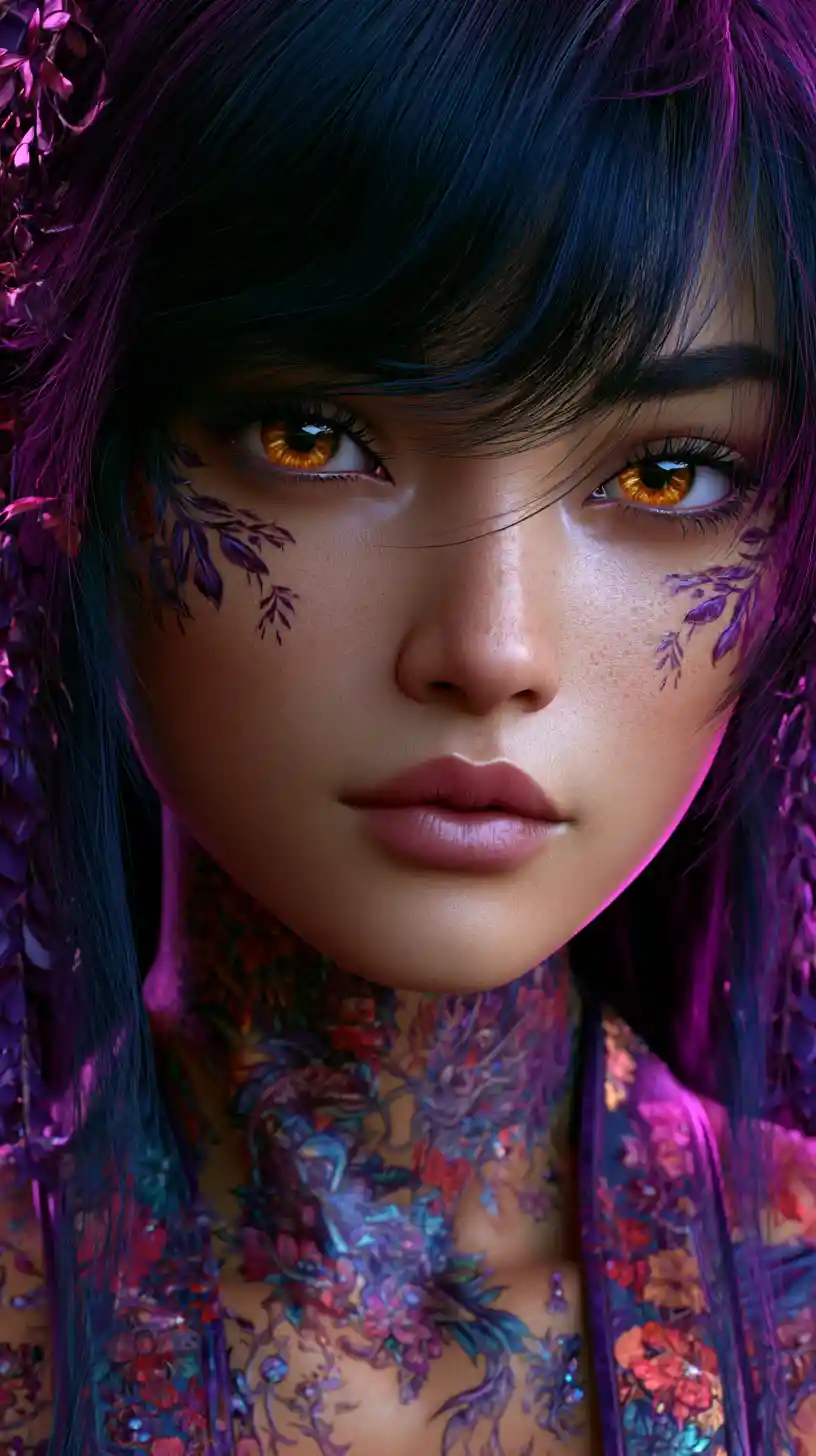 Mystical woman with amber eyes and floral dragon tattoos