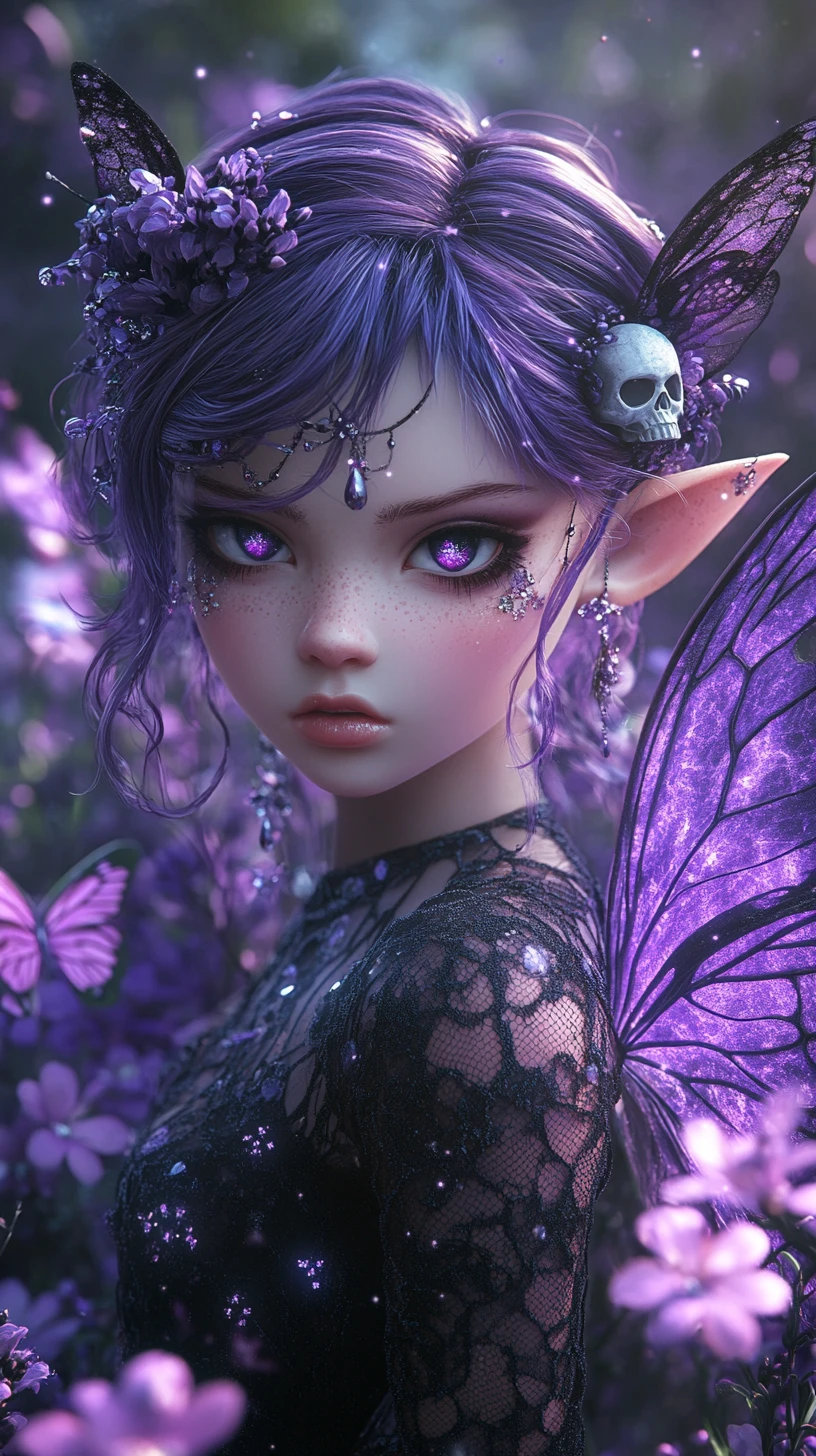 Gothic fairy girl with violet wings in dark forest