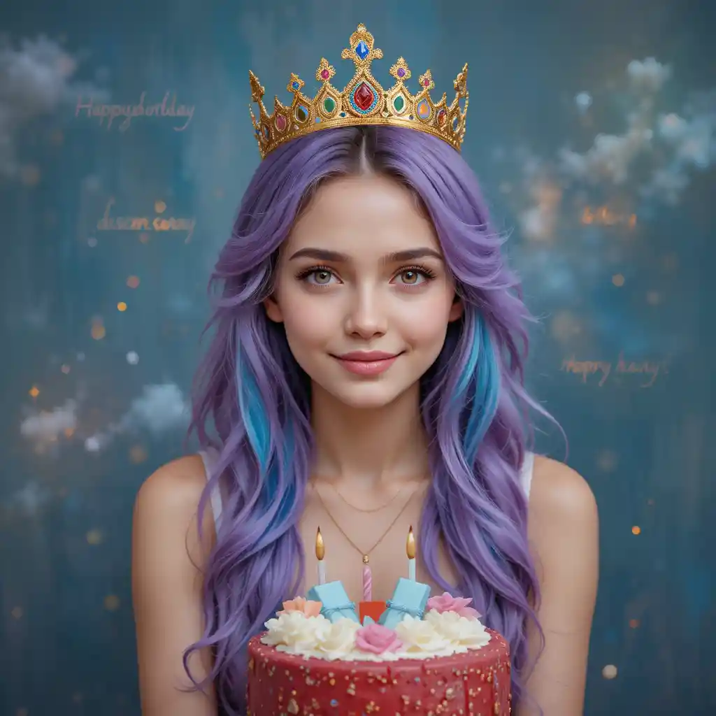 Teen girl with purple hair birthday crown and cake