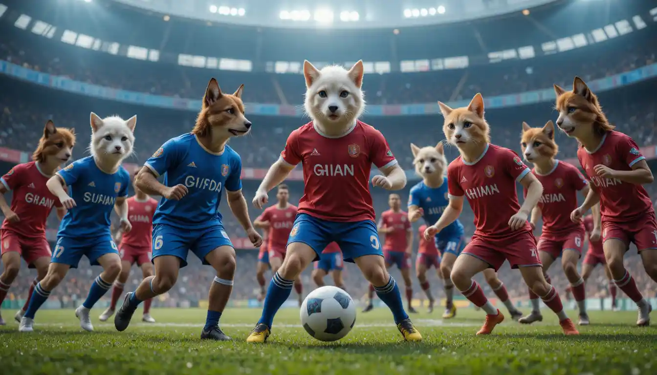 Anthropomorphic dogs and cats playing soccer on a field
