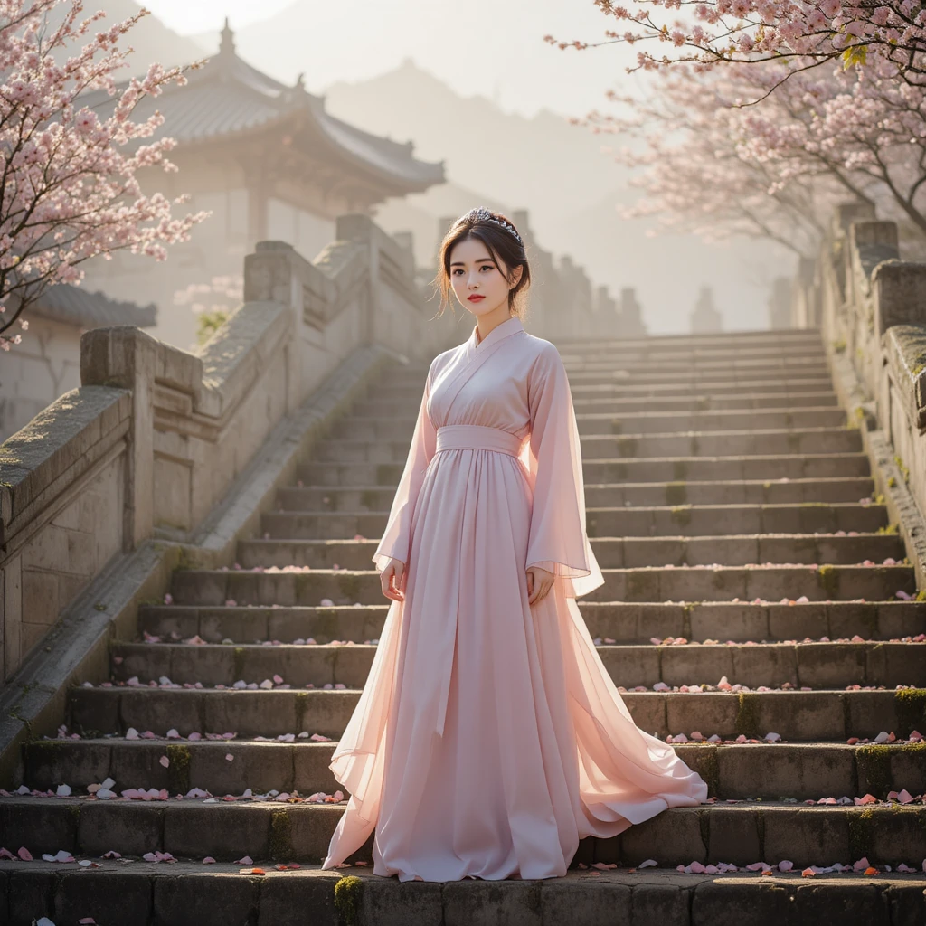Korean woman in pastel hanbok on ancient stone steps