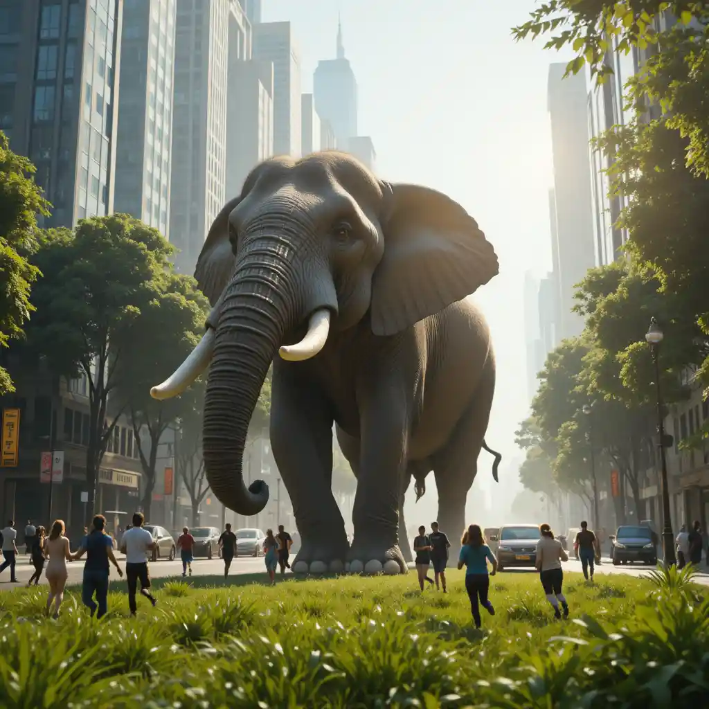 Elefante gigante esce dalla giungla e arriva in una strada cittadina affollata