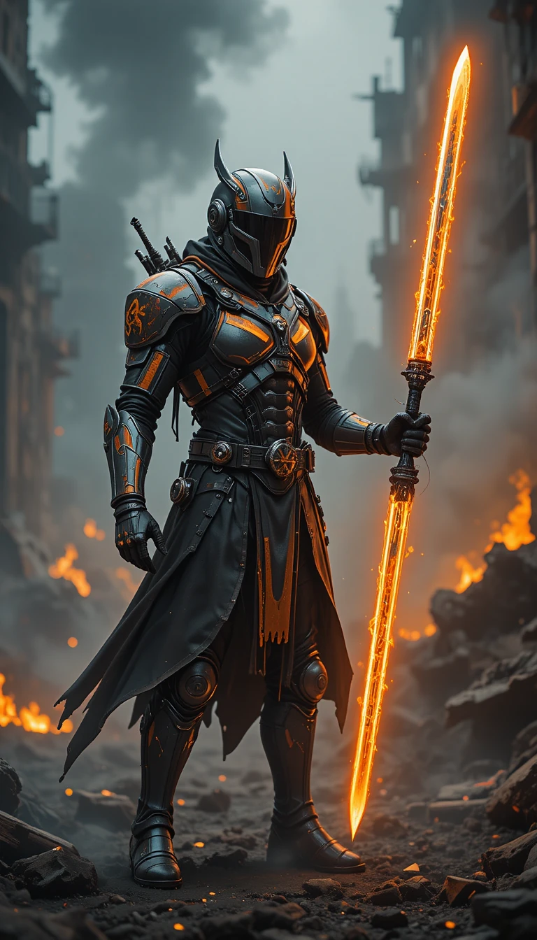 Futuristic armored warrior with glowing chain sword