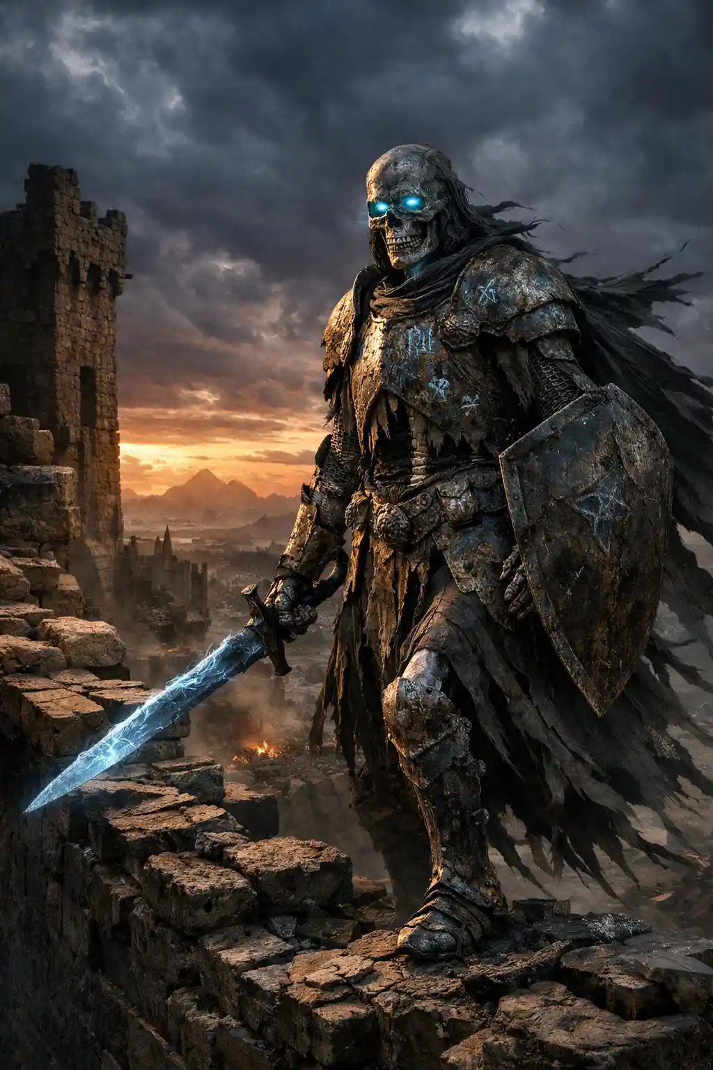 Spectral skeleton warrior on crumbling fortress at twilight