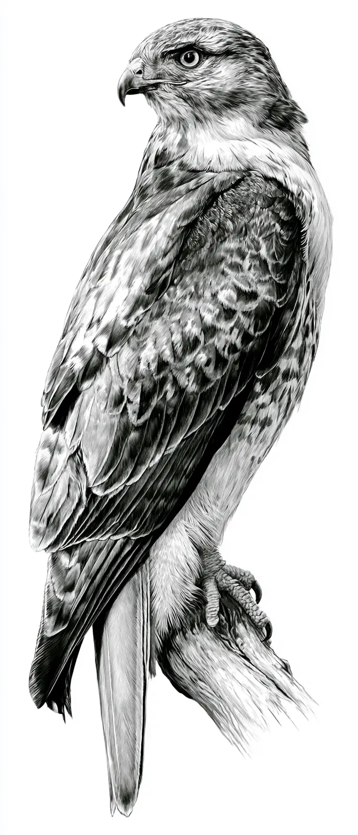 Black and white illustration of a hawk on a branch