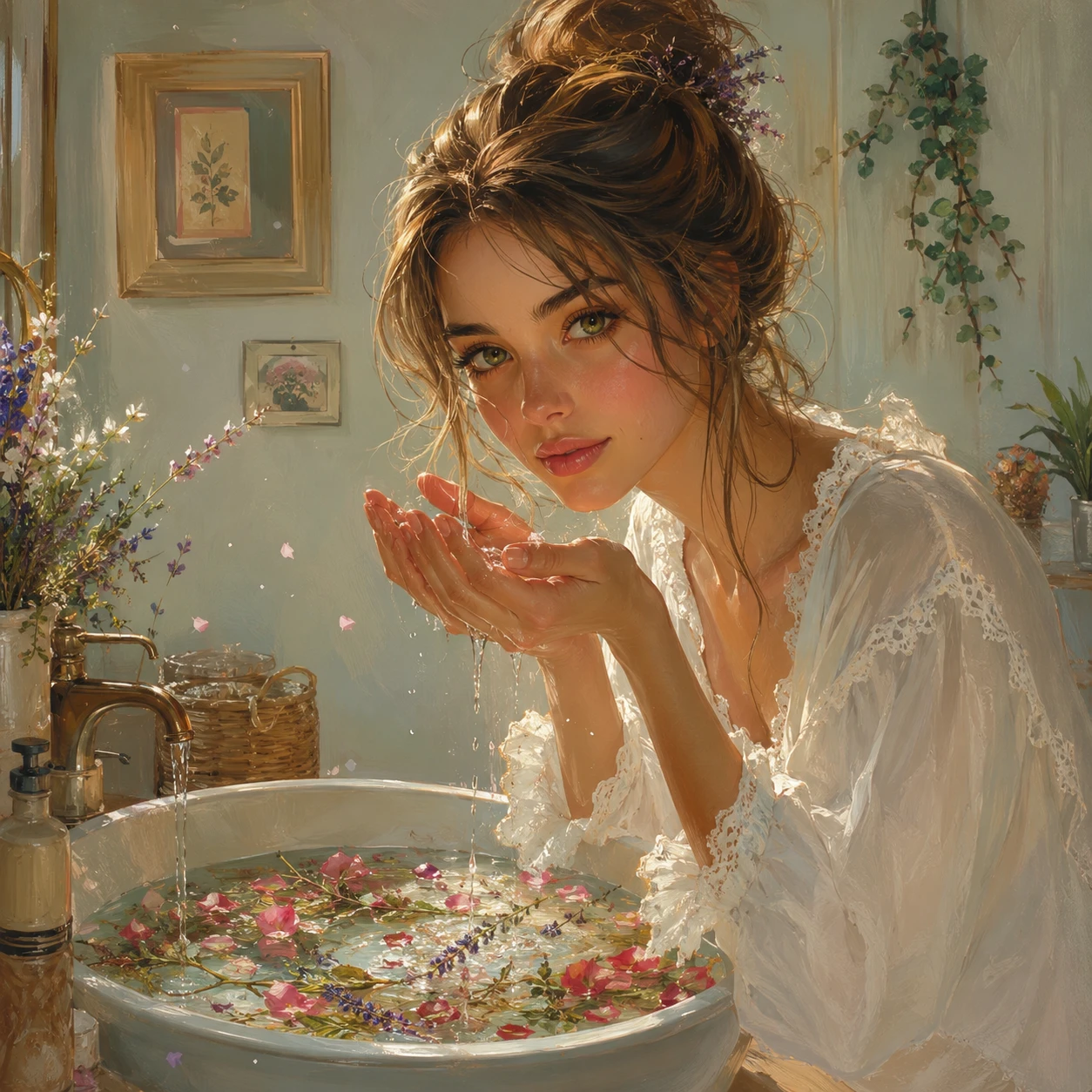Woman washing her face in a romantic morning bathroom