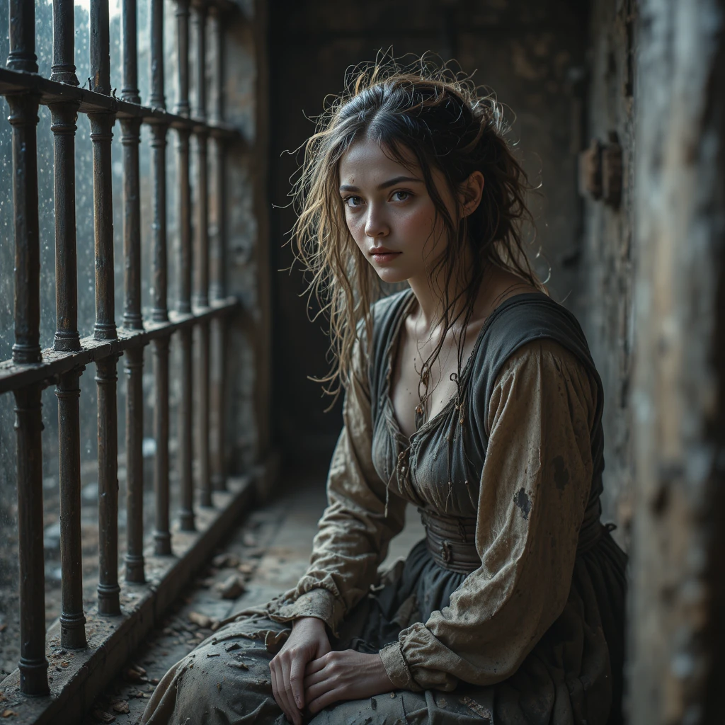 Medieval woman prisoner sitting on the dirty cell floor