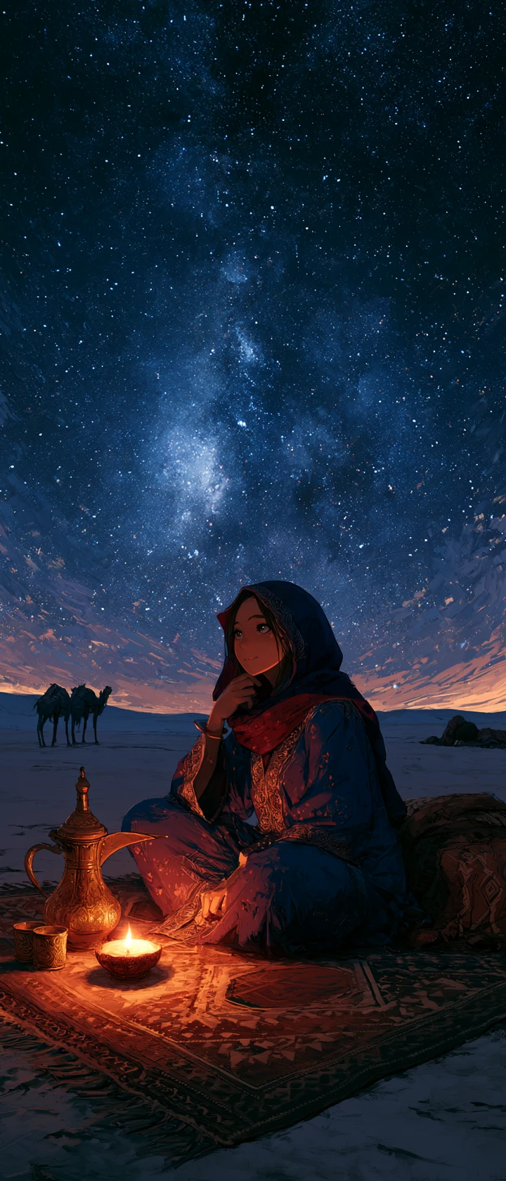 Bedouin woman resting on a rug under the midnight desert sky
