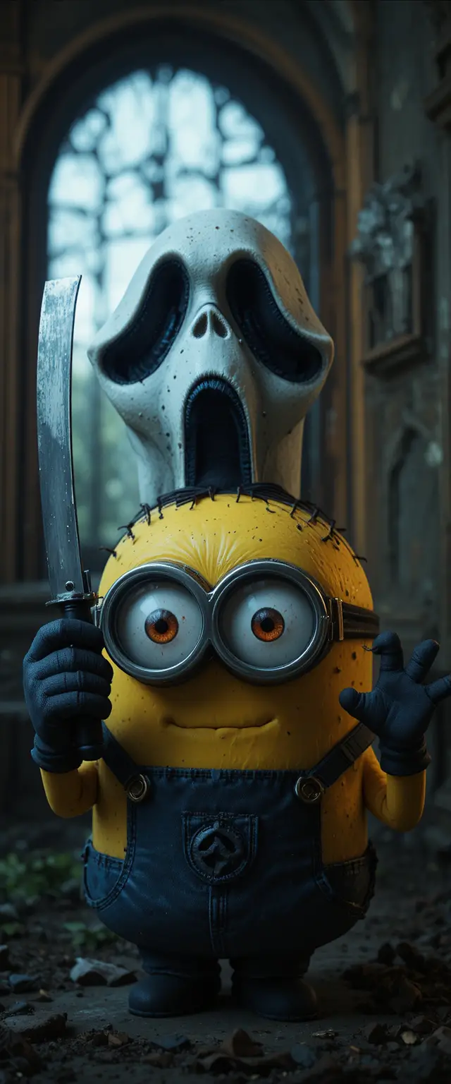 Cartoon minion dressed as ghostly slasher with knife