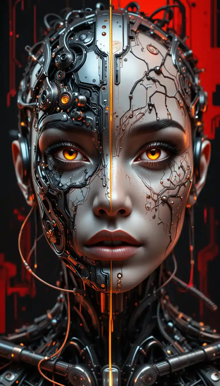 Futuristic cyborg portrait split between metal and organic face