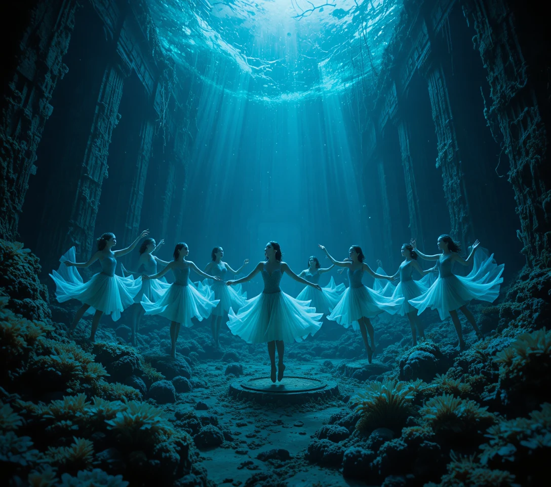 Underwater mermaid ballet in ancient submerged ruins