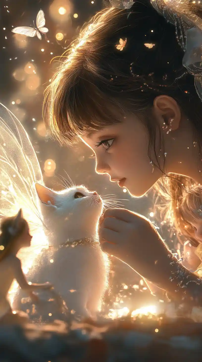 Whimsical fantasy cat surrounded by playful glowing fairies