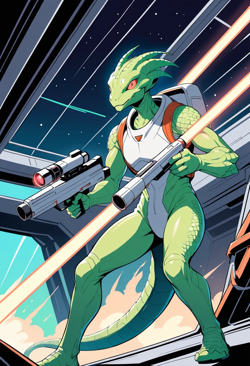 Reptilian alien in a spacesuit firing a laser gun in hangar
