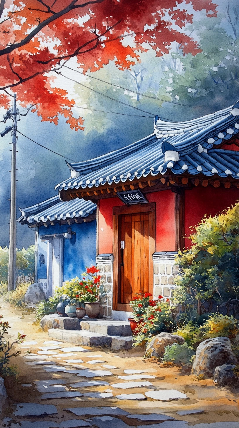 Watercolor sketch of a sunlit alley in Korean hanok village