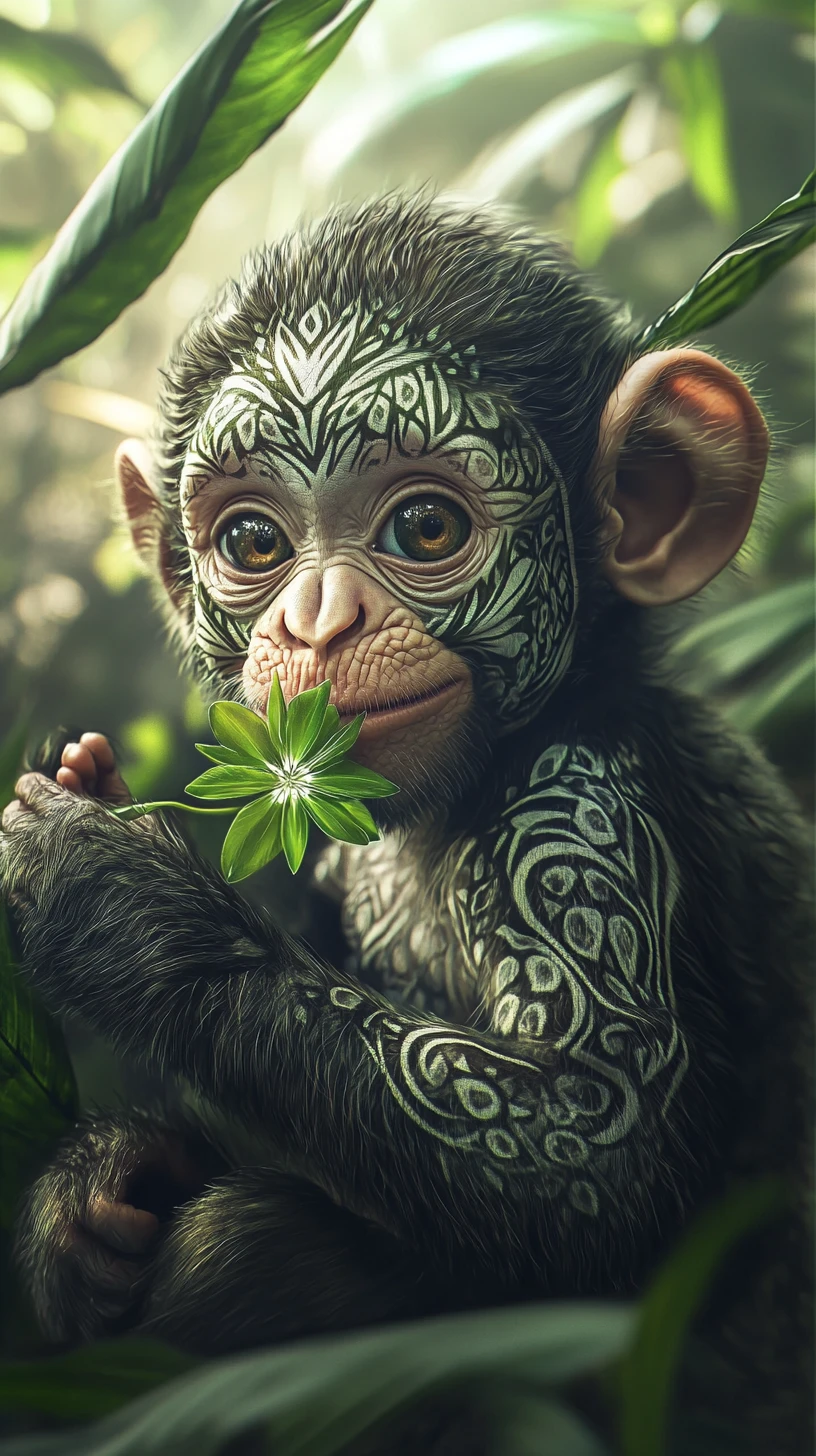 Happy baby monkey in crystal green jungle foliage