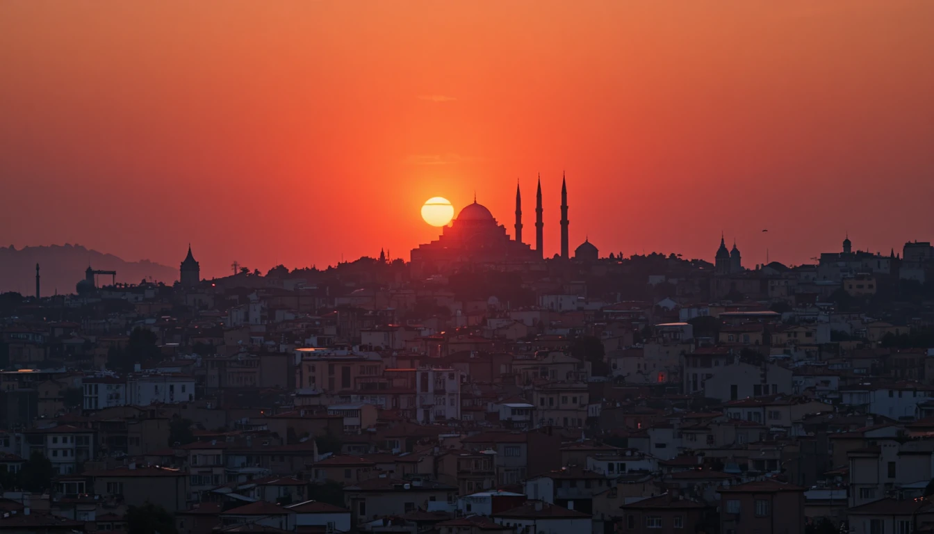 Constantinople cityscape at sunset with illuminated landmark