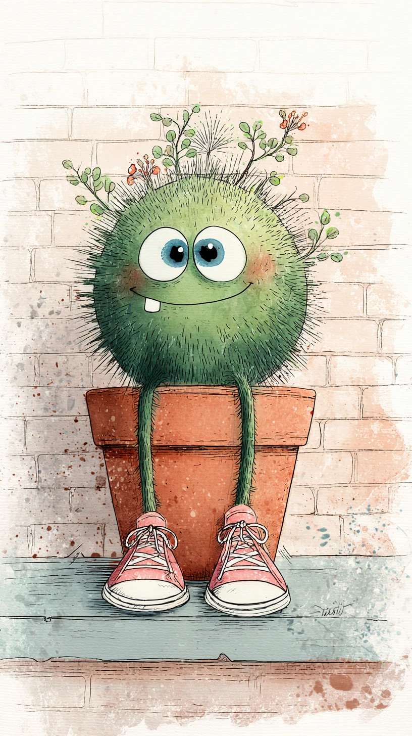 Cute cactus character in pot with pink sneakers