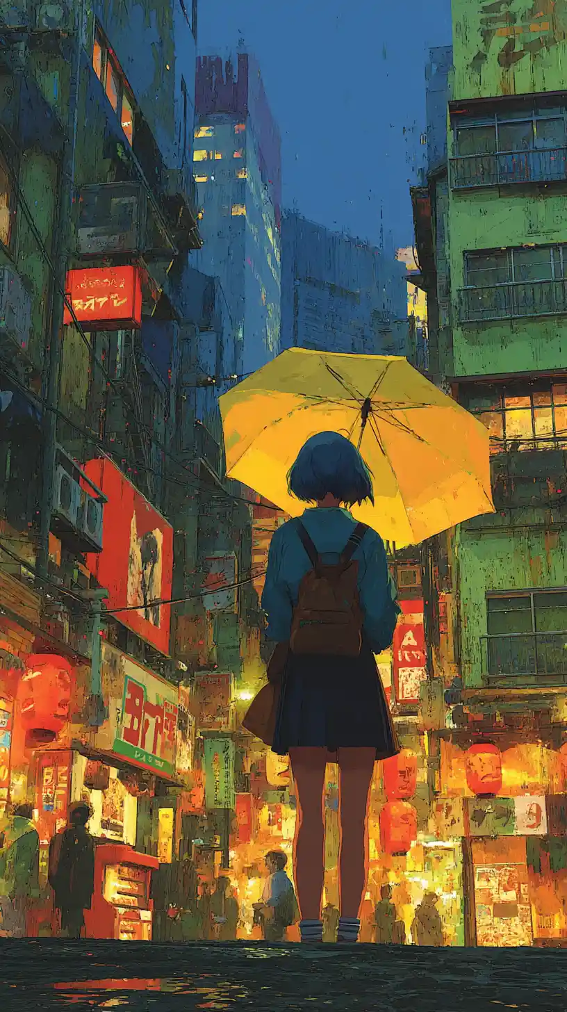 Anime girl standing in a rainy city street at night