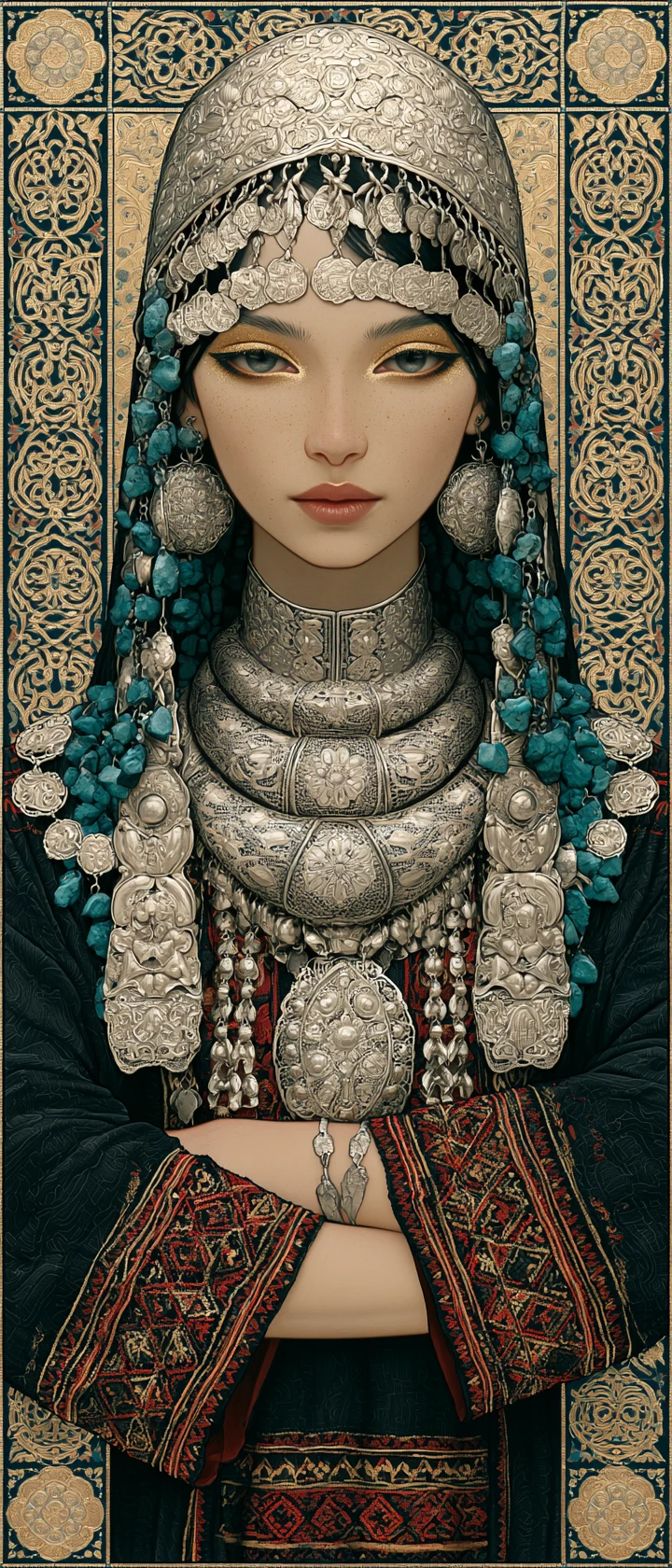Retrato de mujer árabe con joyería de plata yemení ornamentada
