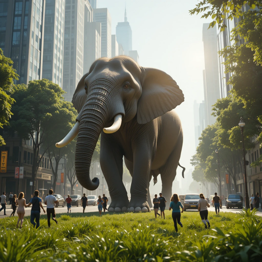 Giant elephant steps from jungle onto crowded city street
