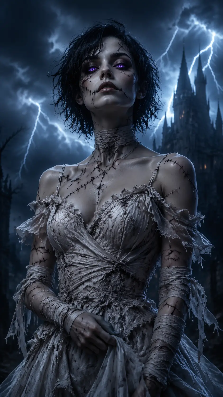 Gothic bride with glowing purple eyes in a storm
