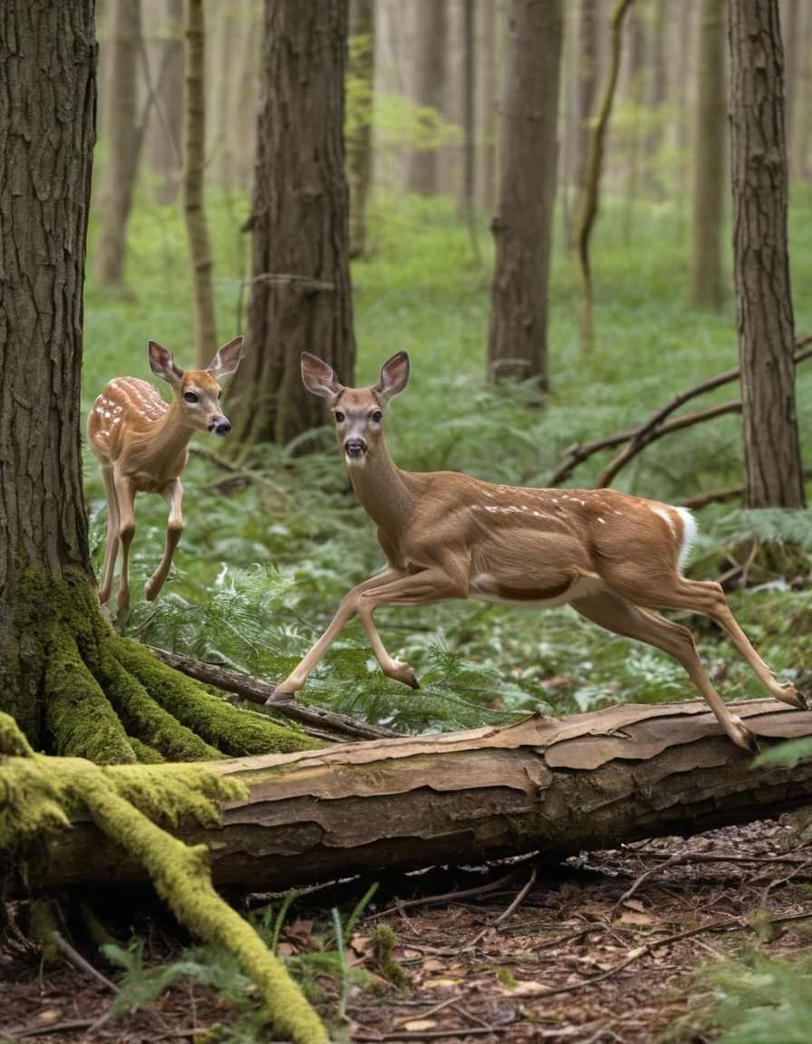 Doe leaping over a fallen tree in a spring forest