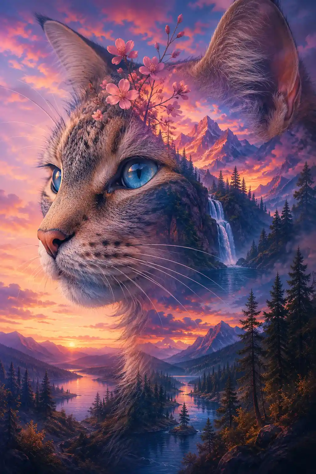 Surreal close up portrait of a cat with mountain landscape