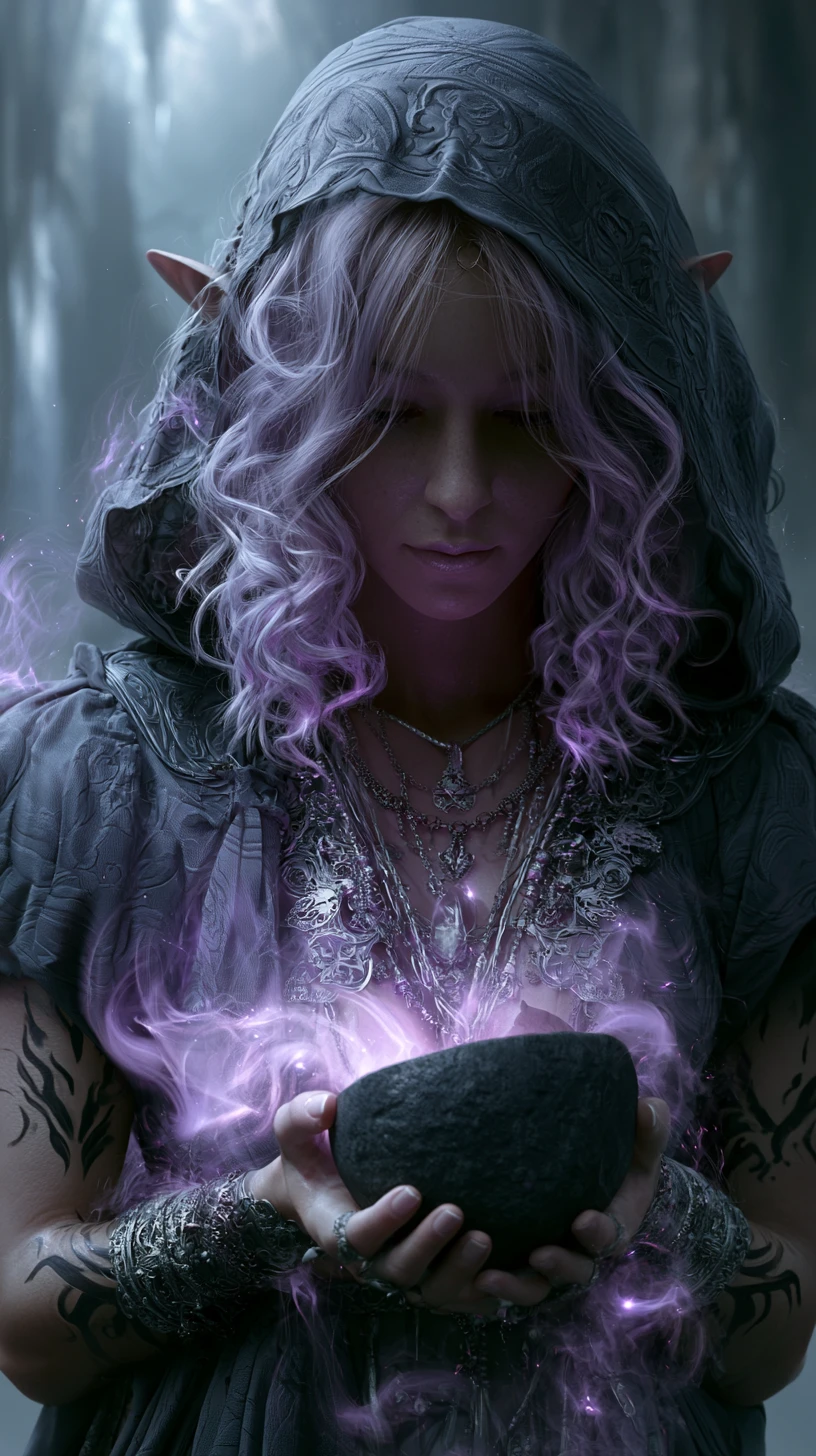 Elven sorceress holding a glowing magical bowl in cave