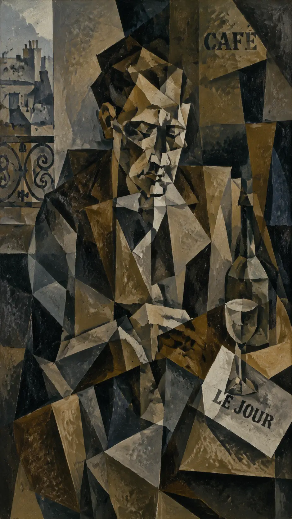 Cubist fragmented man in a dynamic geometric composition