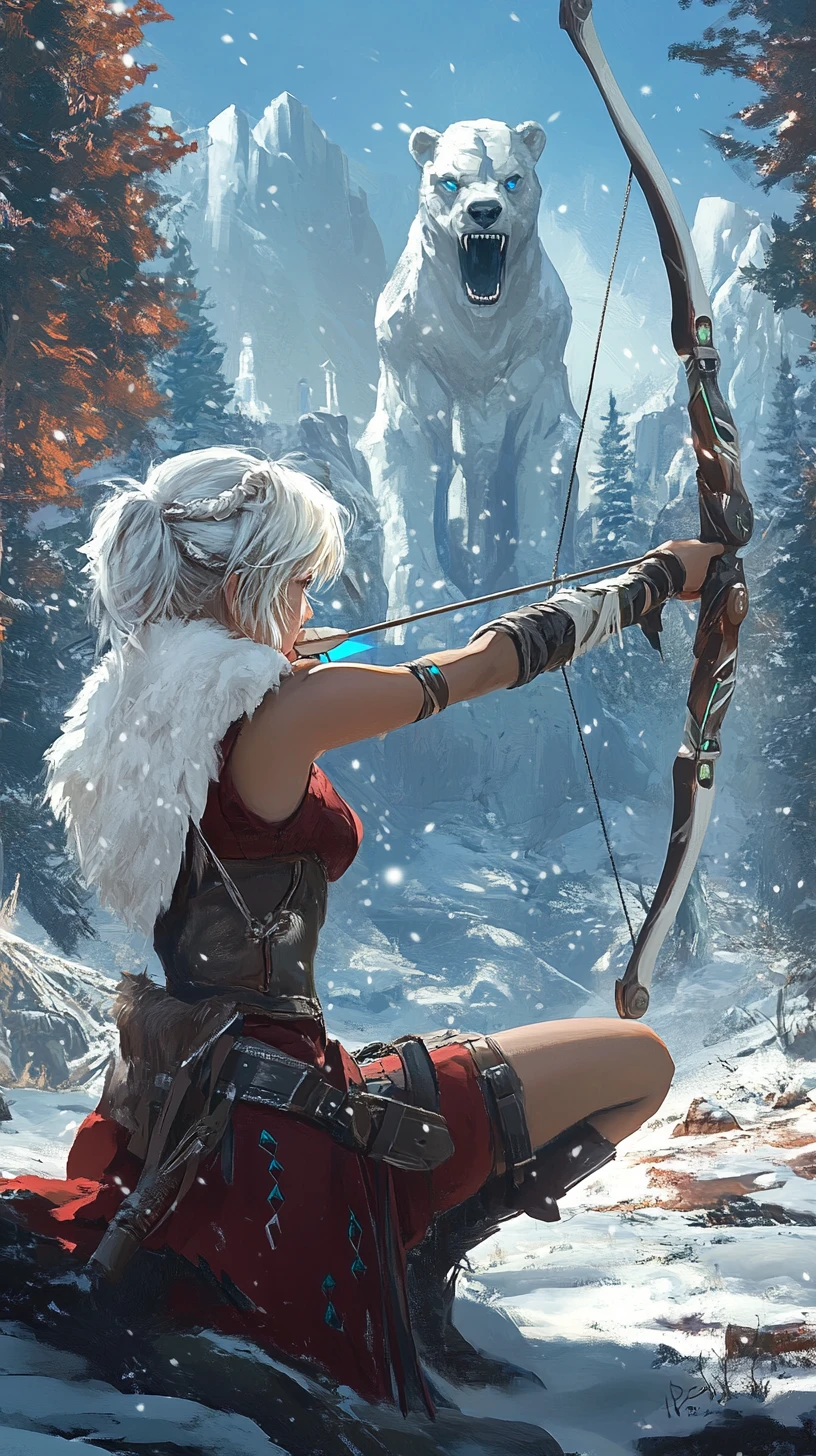 Girl archer aiming from a rock in a winter forest