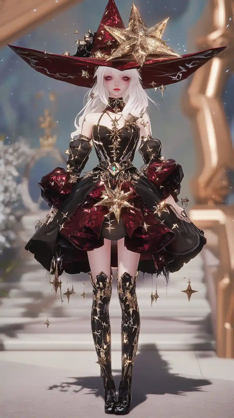 Anime witch in celestial streetwear with metallic star details