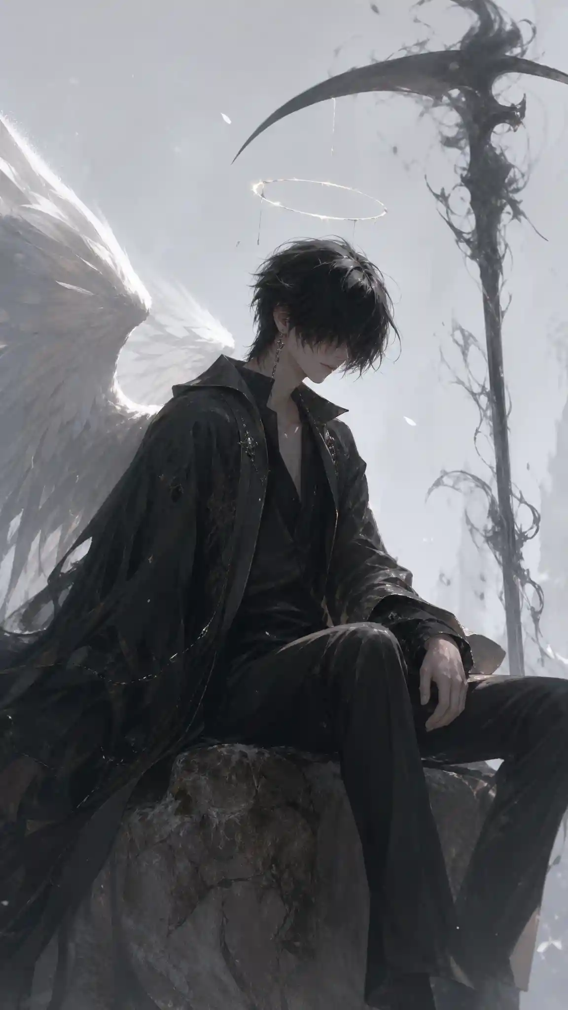 Melancholic angelic young man with halo and scythe