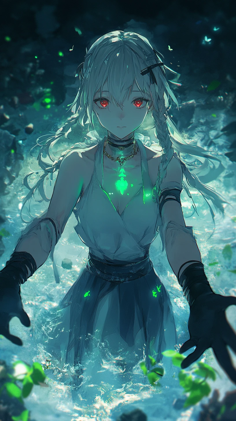 Anime girl summoning green crystal at ruined temple altar
