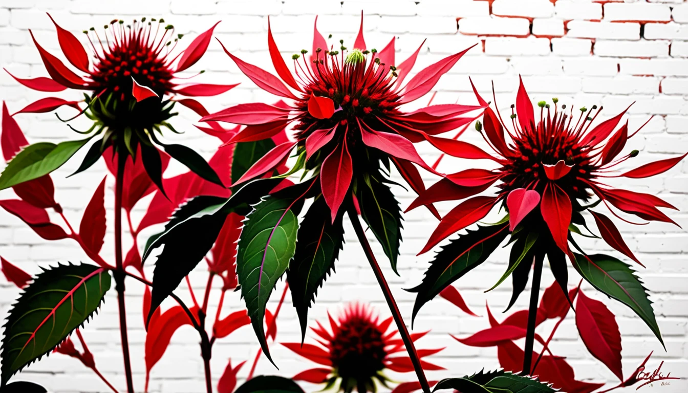 Scarlet bee balm flowers against soft rosy abstract background