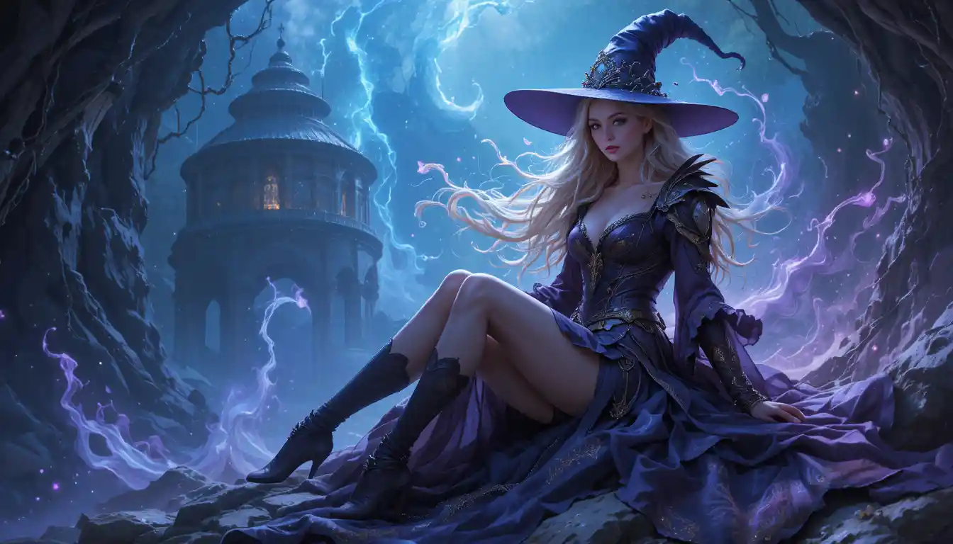 Blonde sorceress full length fantasy character illustration