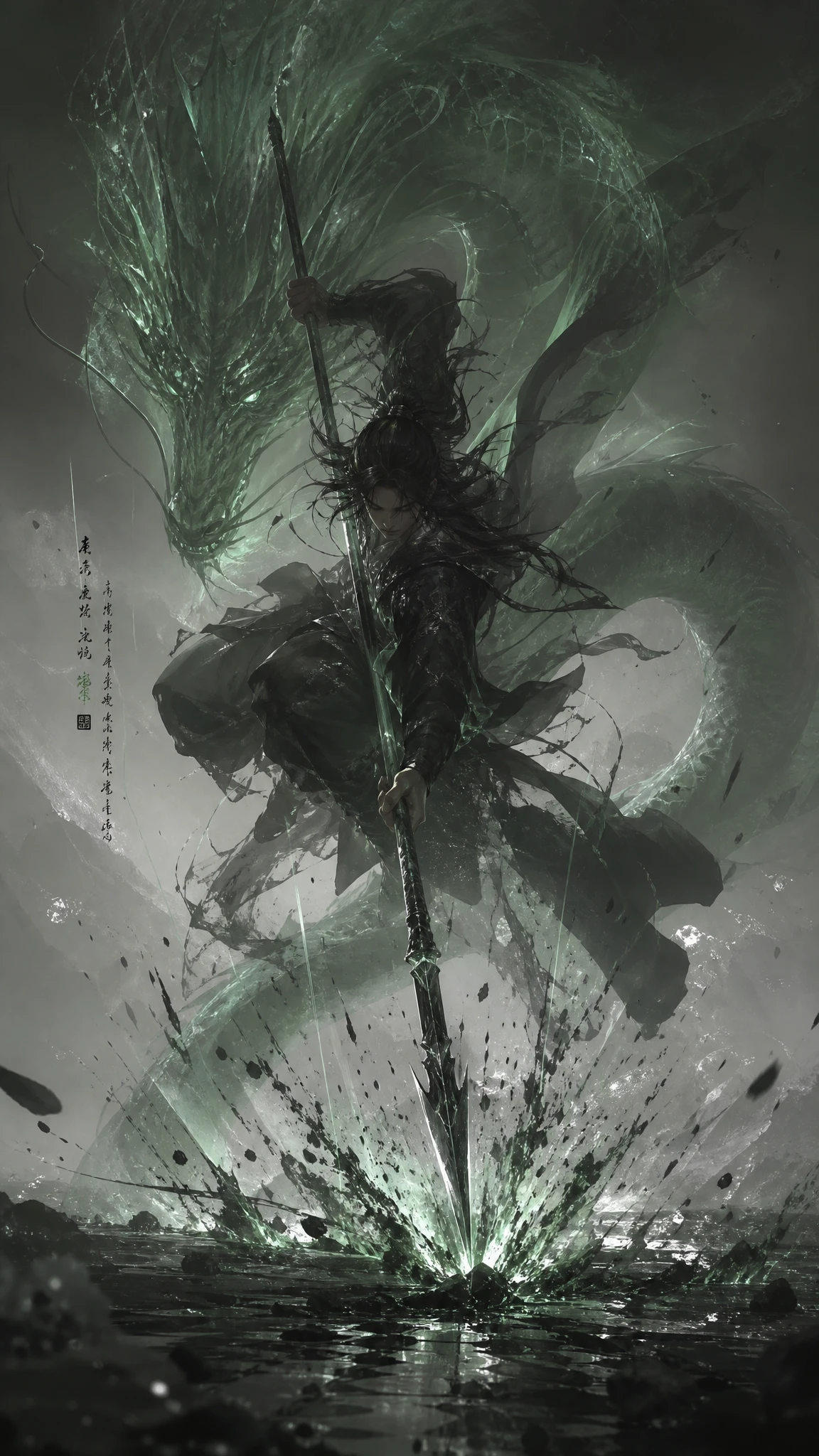 Warrior leaping with spear before glowing green dragon
