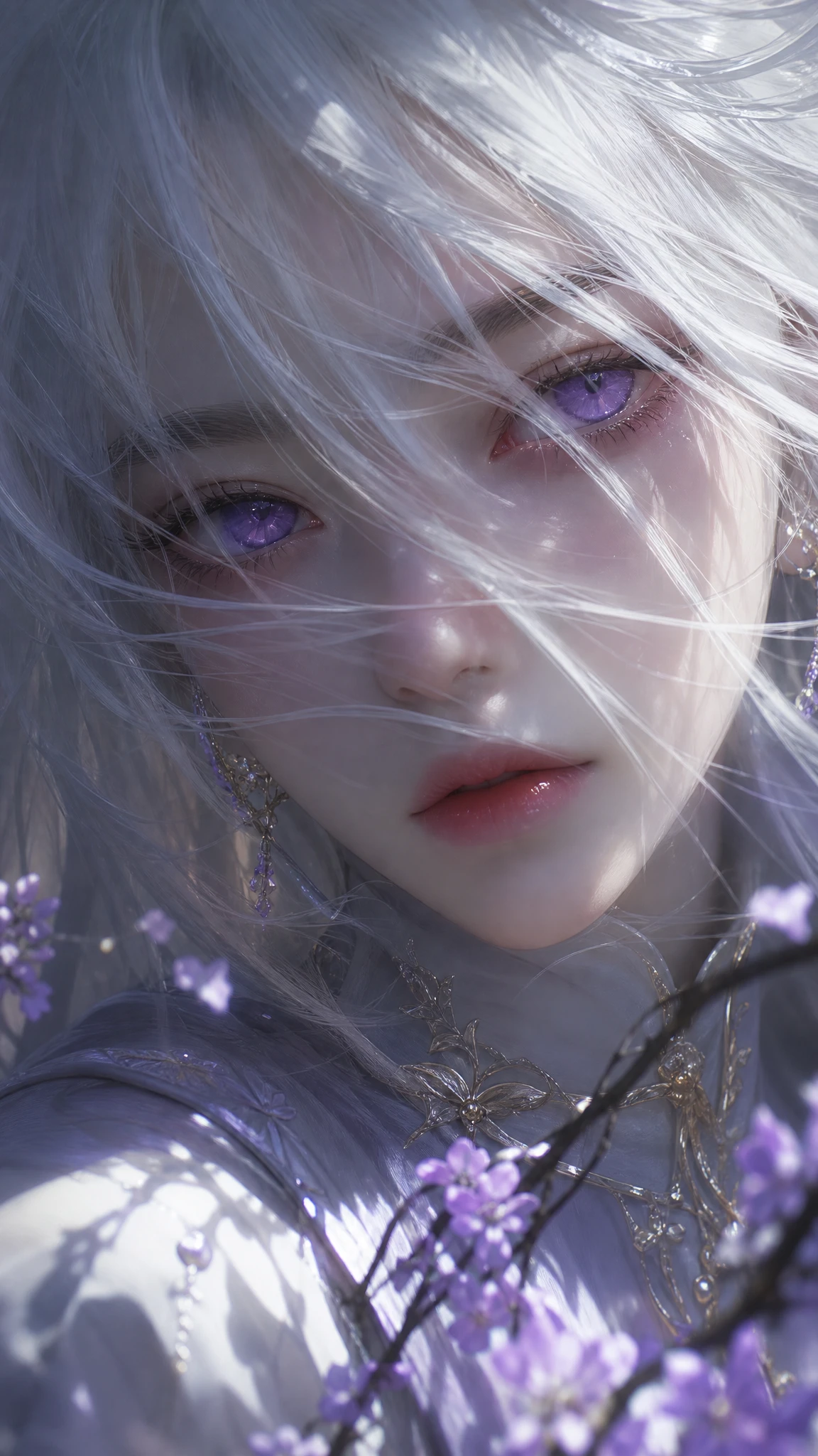 White haired Asian girl close up with violet eyes