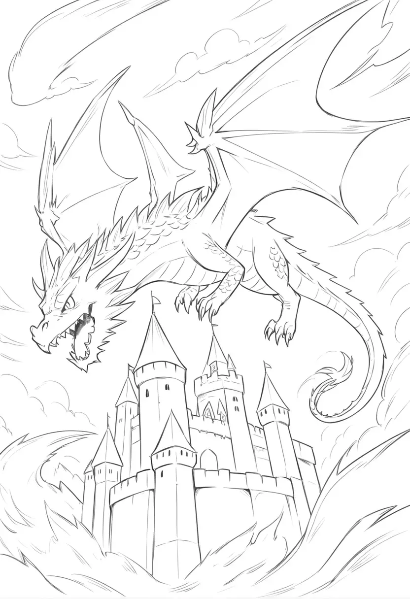 Fire breathing dragon over a medieval castle in manga style