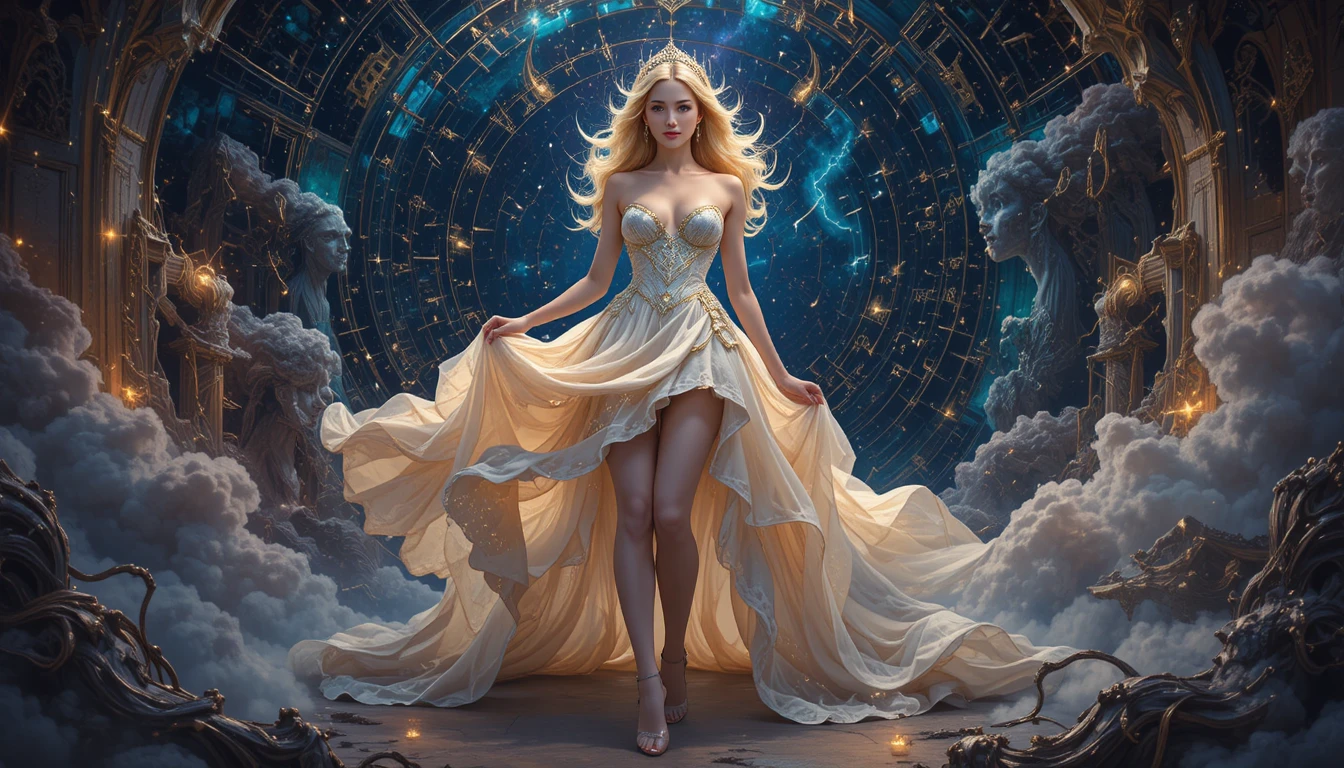 Blonde pin up woman in celestial fantasy evening fashion