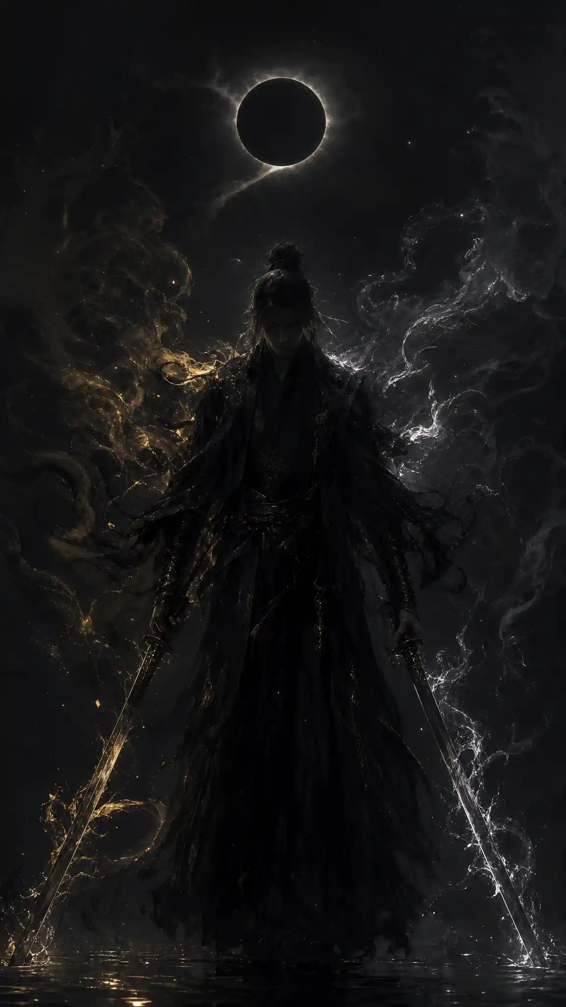 Warrior with twin swords in swirling dark eclipse smoke