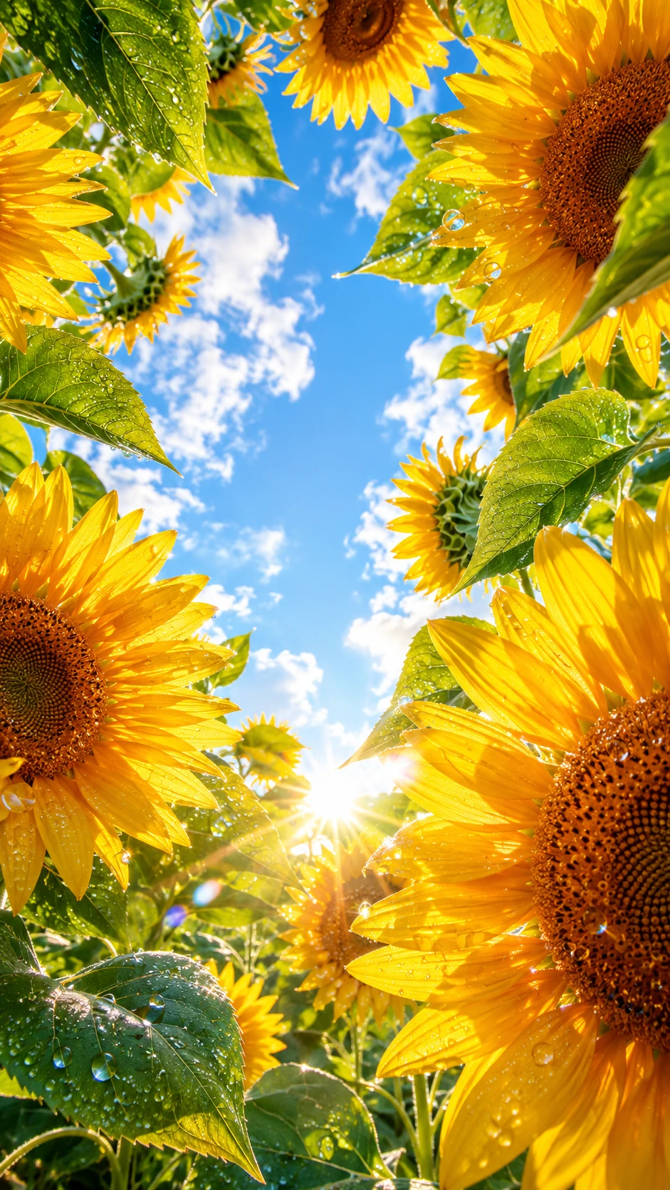 Low angle view of sunflowers framing a bright blue sky