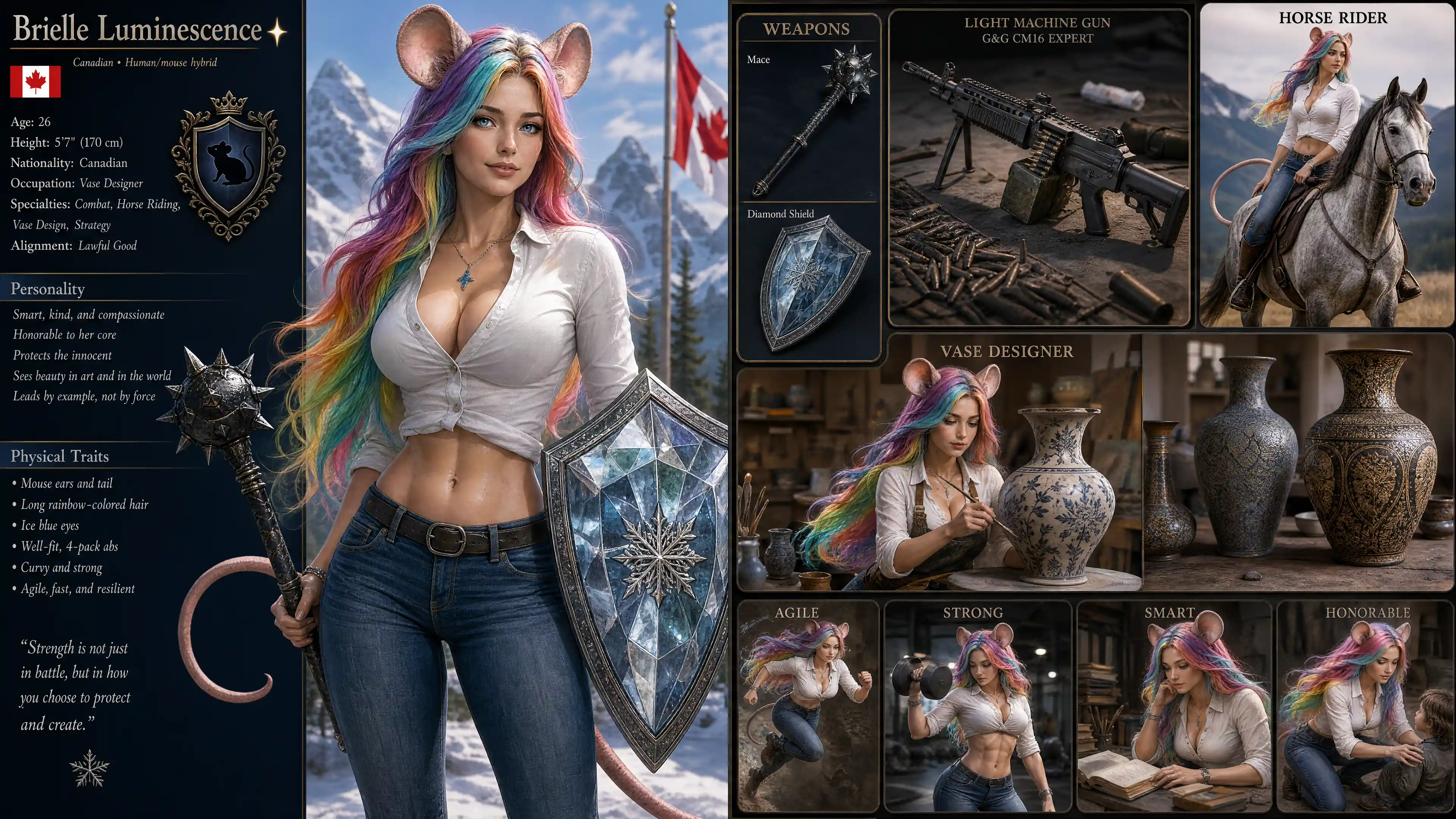Colorful haired mouse eared warrior woman in casual clothes