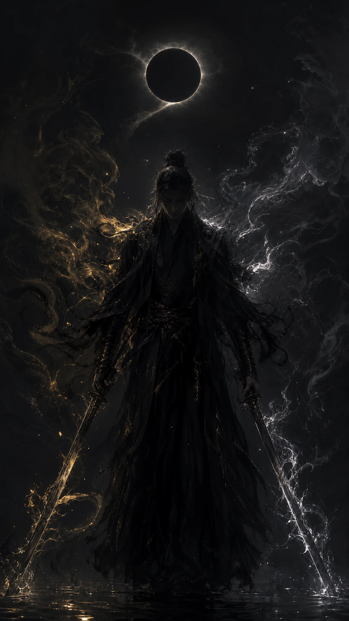 Warrior with twin swords in swirling dark eclipse smoke