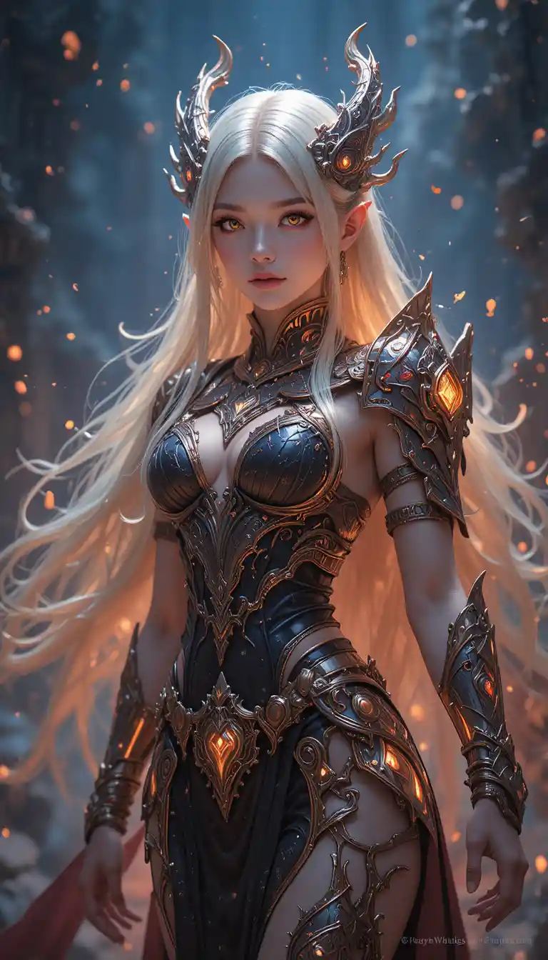 Dragon horned anime warrior woman in fiery armor