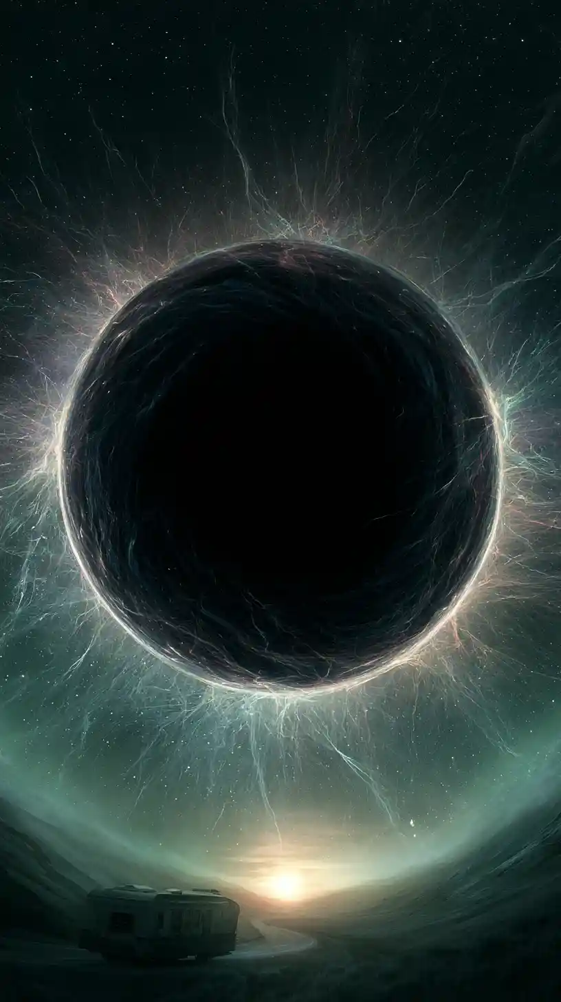 Kosmisches Horror-Poster mit leuchtendem schwarzem Kreis im Weltraum