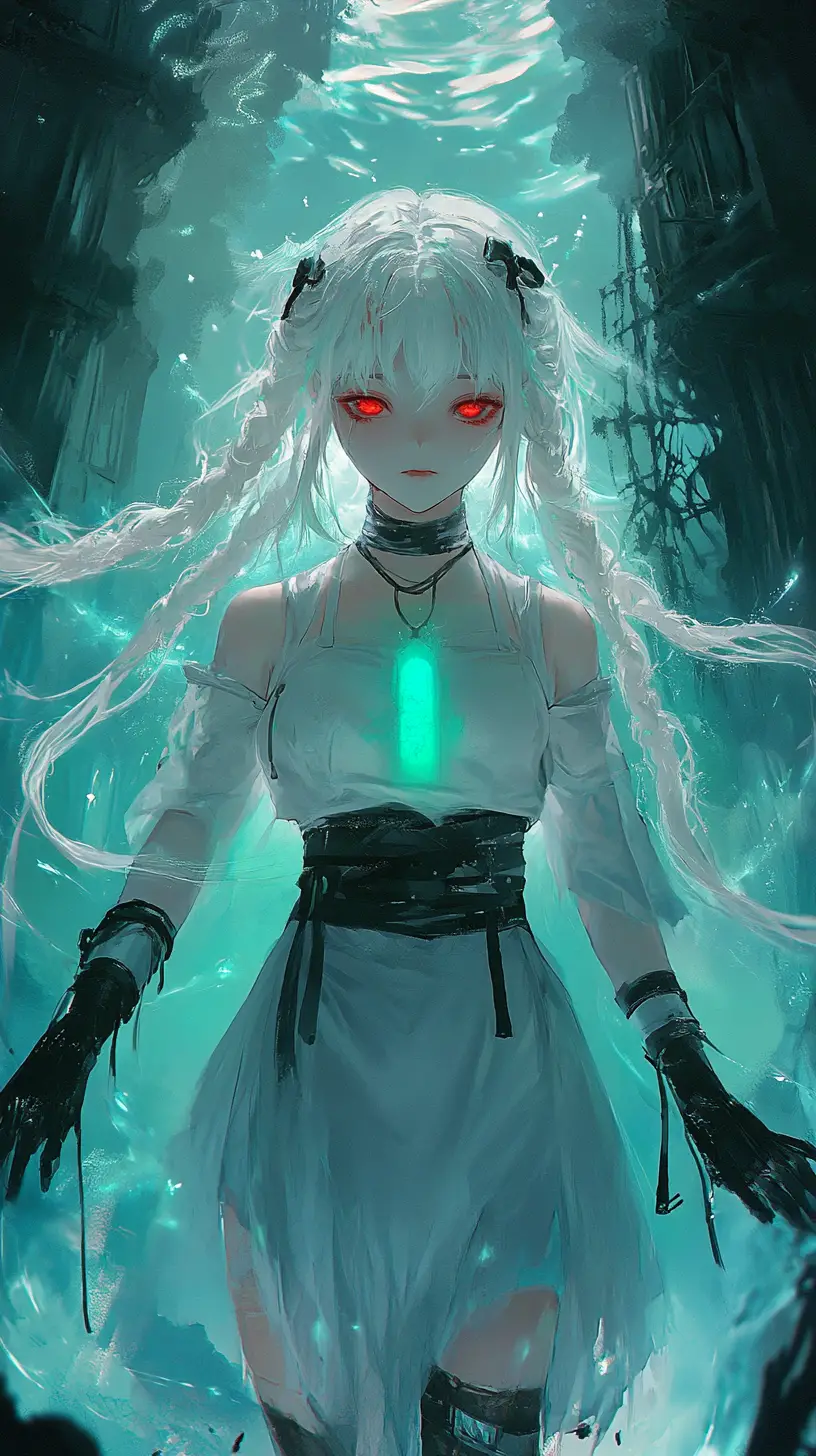 Anime girl summoning a glowing green crystal at temple