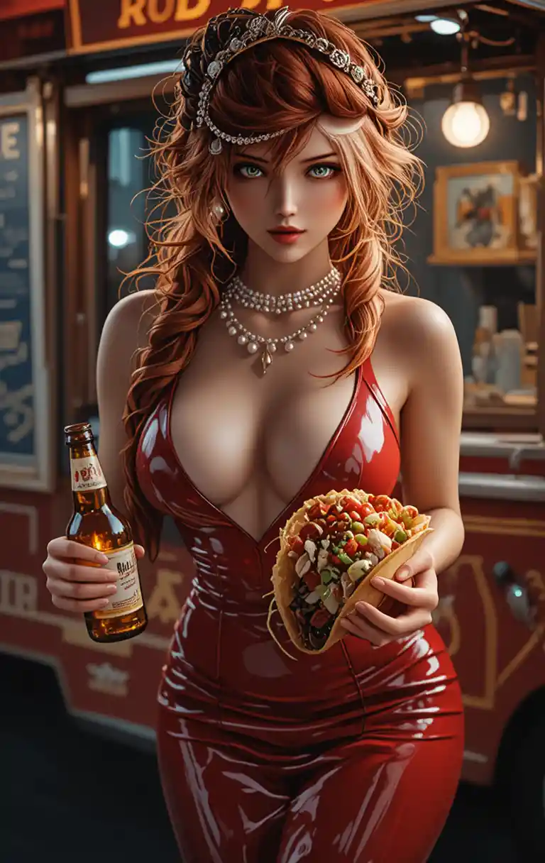 Red haired woman bending with taco and beer